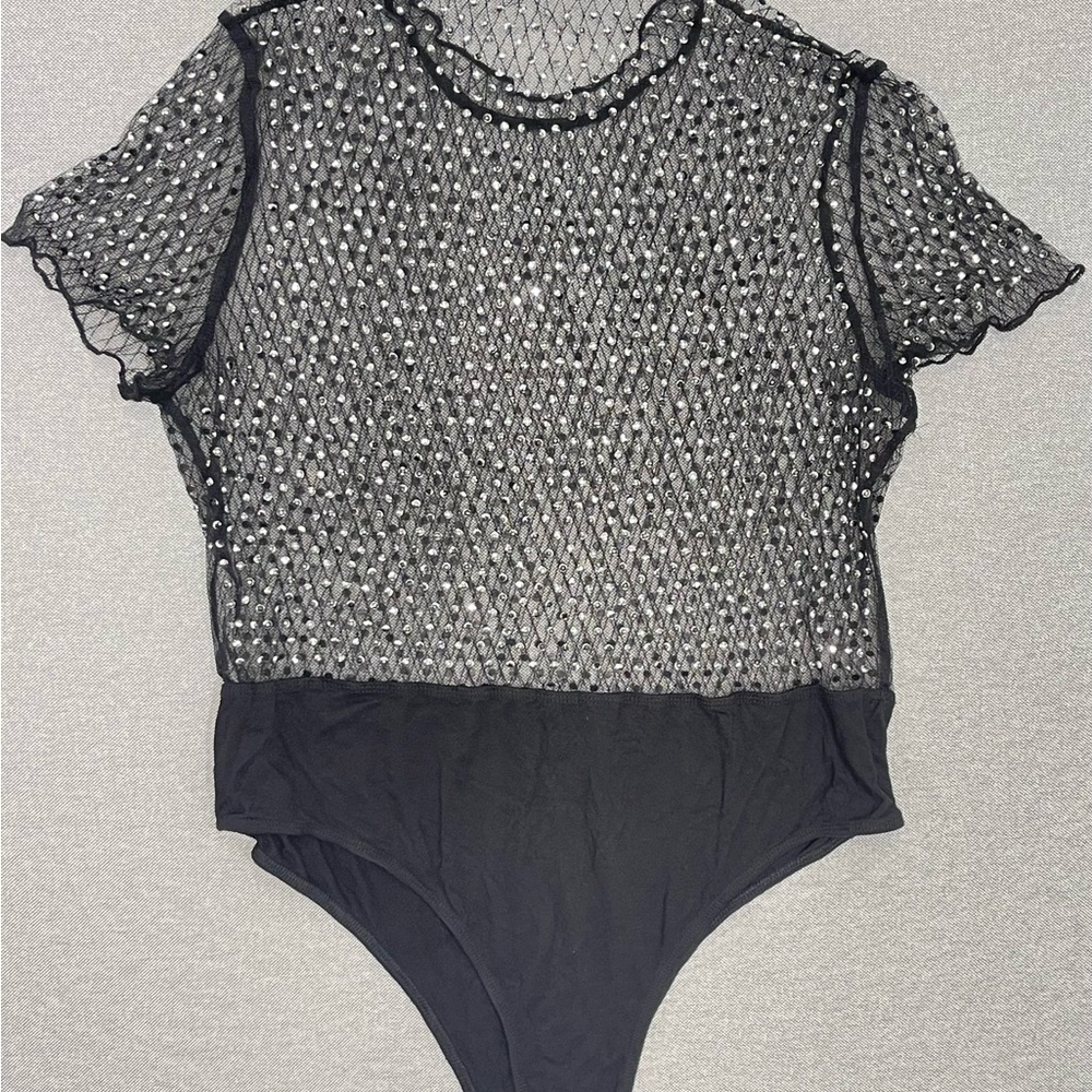 Black Rhinestone Mesh Bodysuit (Short Sleeve)‎